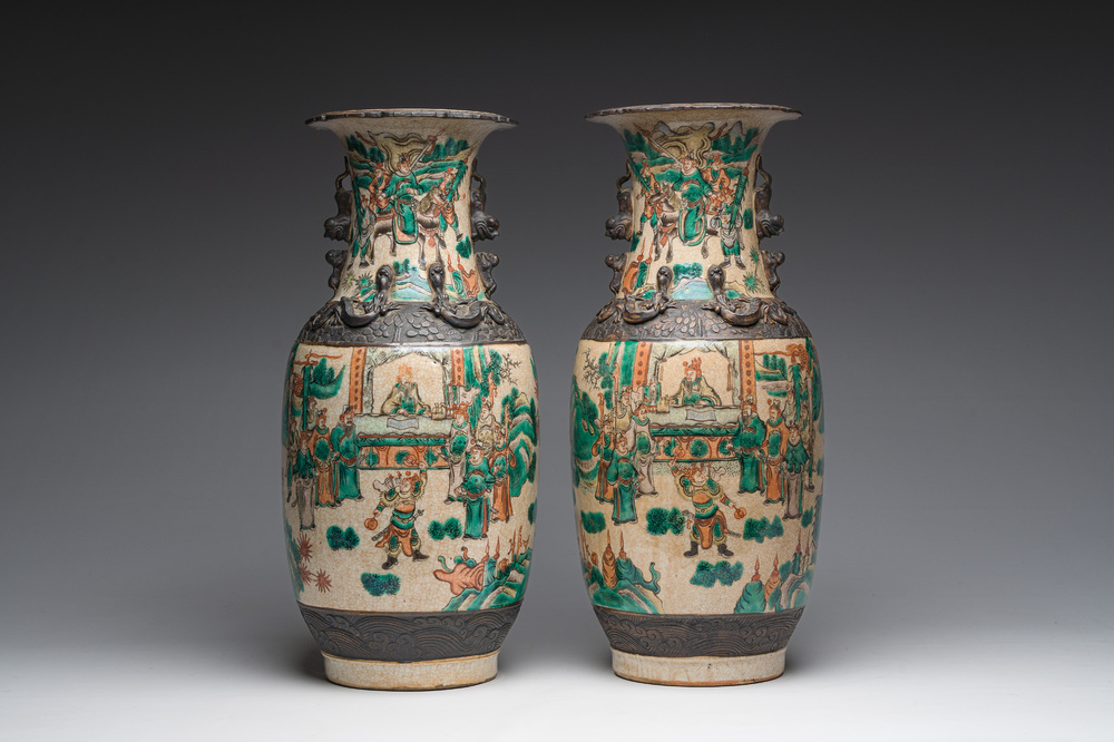 A pair of Chinese Nanking crackle glazed famille verte 'warrior' vases, 19th C.