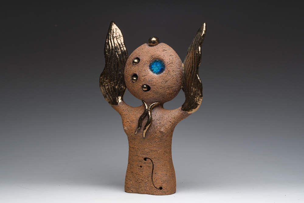 R. Kardasinski (20th C.): Angel, partly gold-glazed terracotta