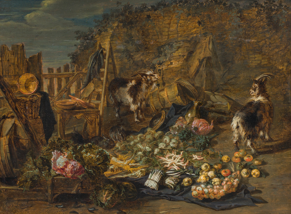 Jan van Kessel (ca. 1620-1661): A still life of cabbages, carrots, asparagus, etc., together with two goats and three rabbits, oil on panel