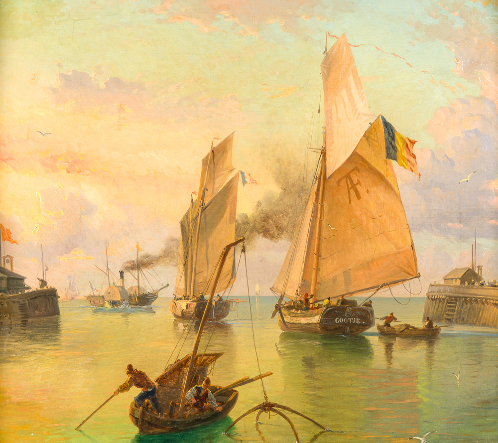 Belgian school, monogrammed AFT (19th/20th C.): Animated view of a shipping channel, oil on canvas