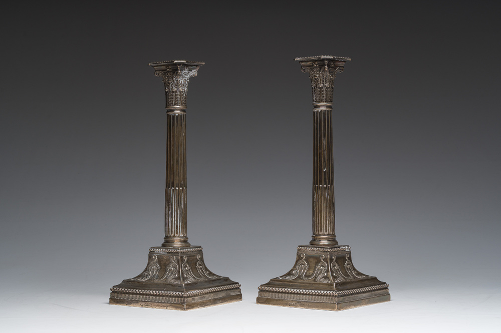A pair of English silver Corinthian column-shaped candlesticks, maker's mark James Dixon &amp; Sons, Sheffield, dated 1906