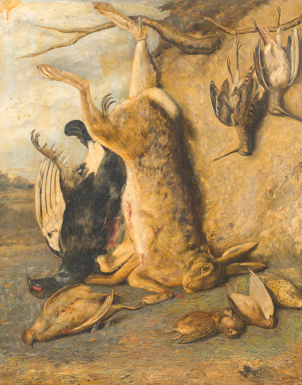 G. Waldack (19&egrave;me/20&egrave;me si&egrave;cle): Nature morte aux troph&eacute;es de chasse, huile sur toile