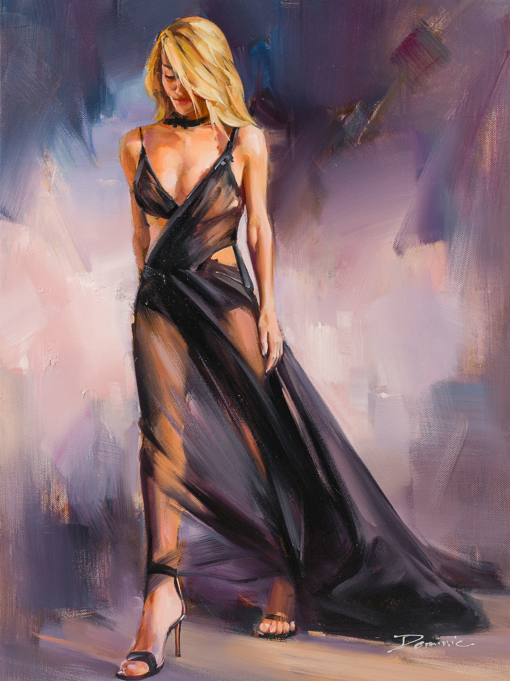 Dominic (1962): Lady in a black evening dress/Elegance, oil on canvas