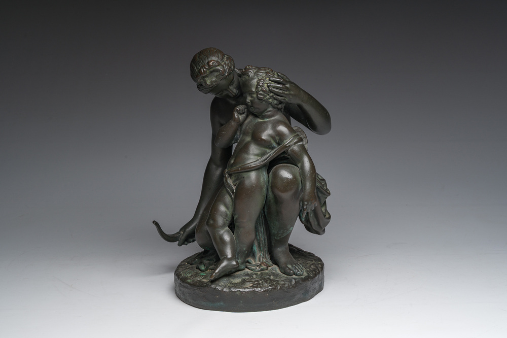 French school, follower of James Pradier (1790-1852): Venus and Cupid, green patinated bronze, 19th C.