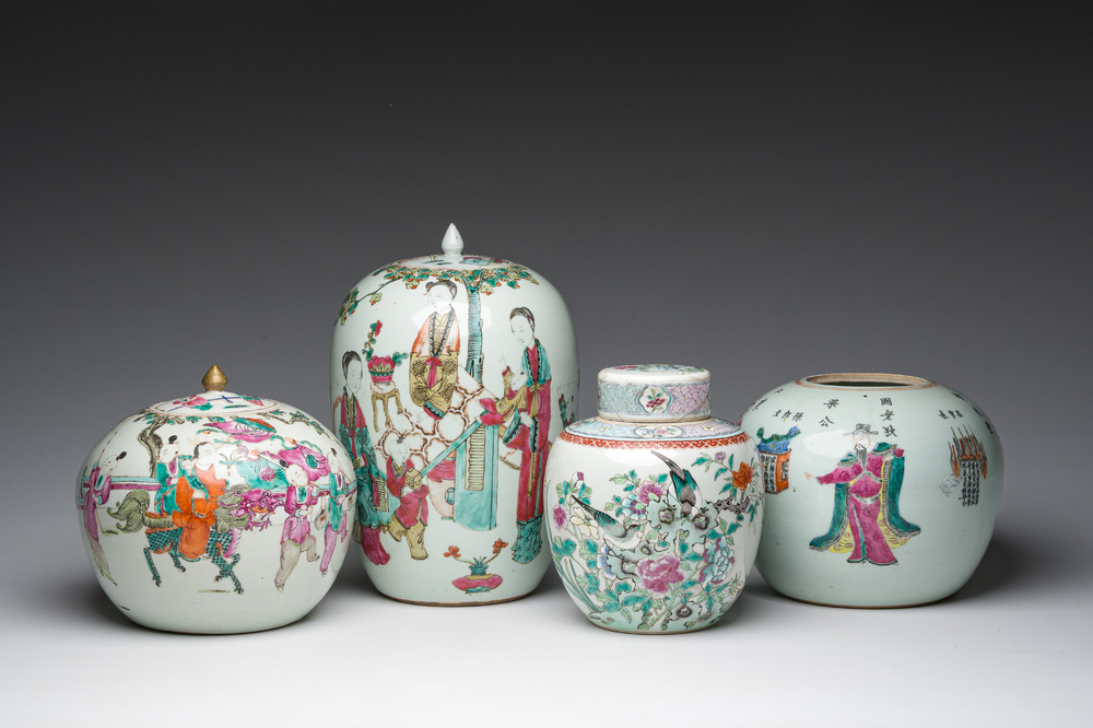 Four Chinese famille rose and qianjiang cai jars with animated scenes and floral and 'Wu Shuang Pu' design, 19th/20th C.