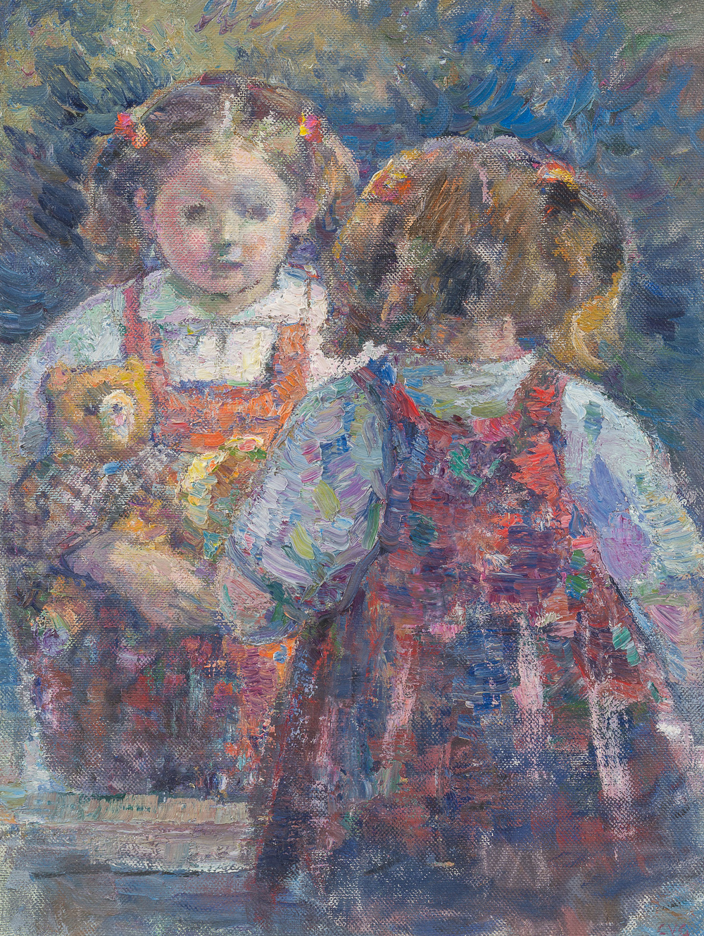 Corneel Lodewijk Pieter Van Gorp (1932-2008): Girl with her teddy bear in front of a mirror, oil on canvas
