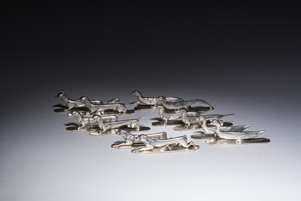Six pairs of animal-shaped silver-plated metal cutlery rests, Wiskemann, Belgium, 20th C.