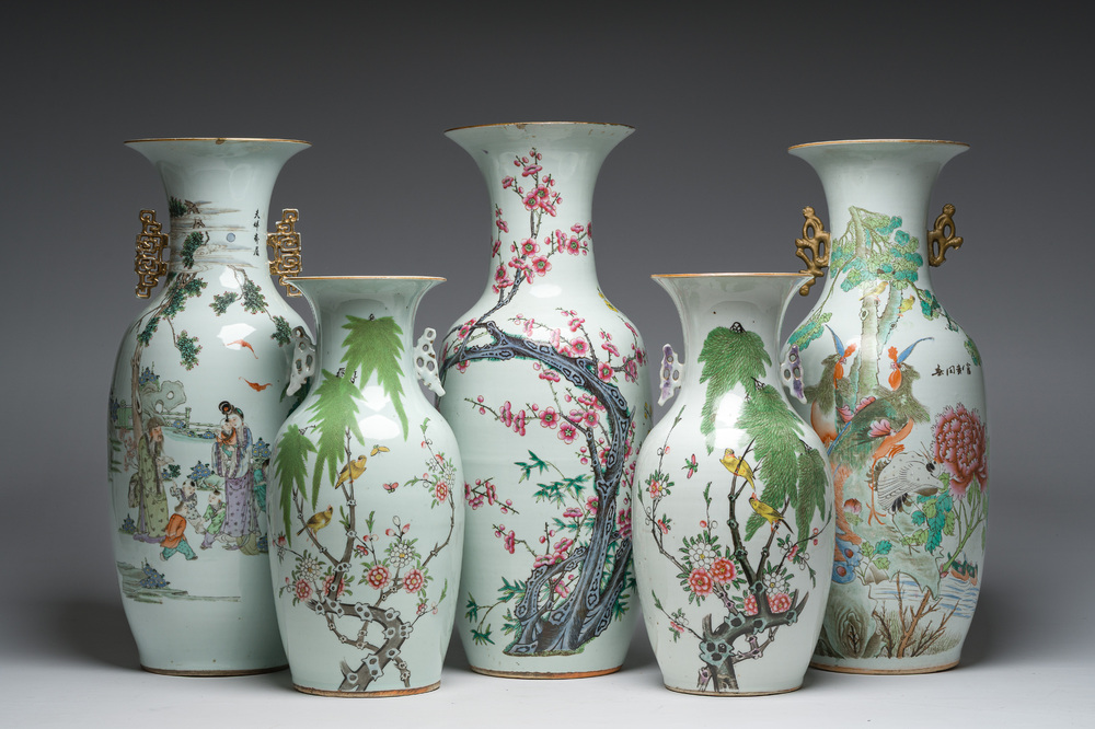Five Chinese famille rose and qianjiang cai vases with animated scenes, animals and flowers, 19th/20th C.