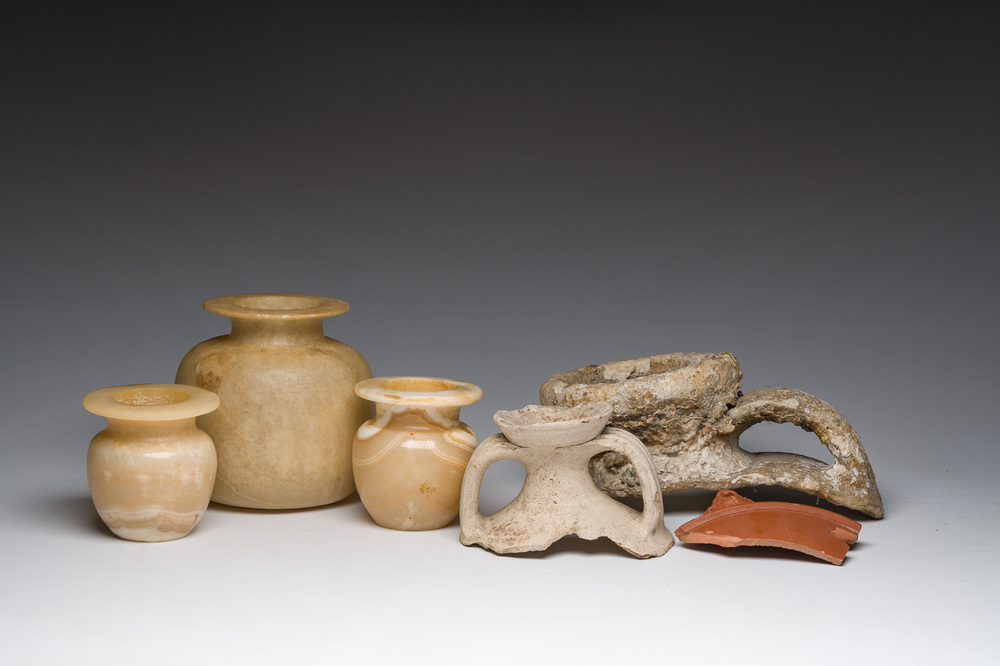 Three alabaster vases and three fragments of amphorae, presumably Egyptian period and later