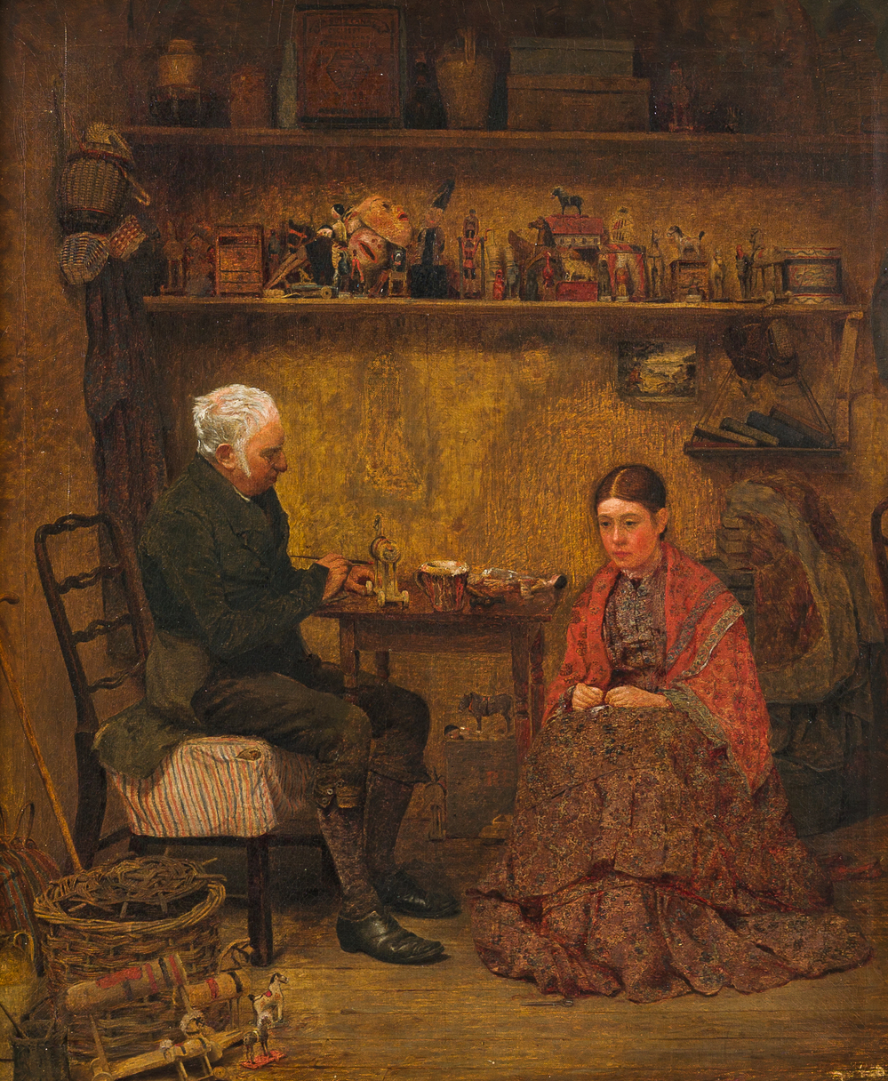 Ecole belge, monogramm&eacute;e R.B. : Fillette et le fabricant de jouets dans son atelier, huile sur toile, dernier quart du 19&egrave;me si&egrave;cle