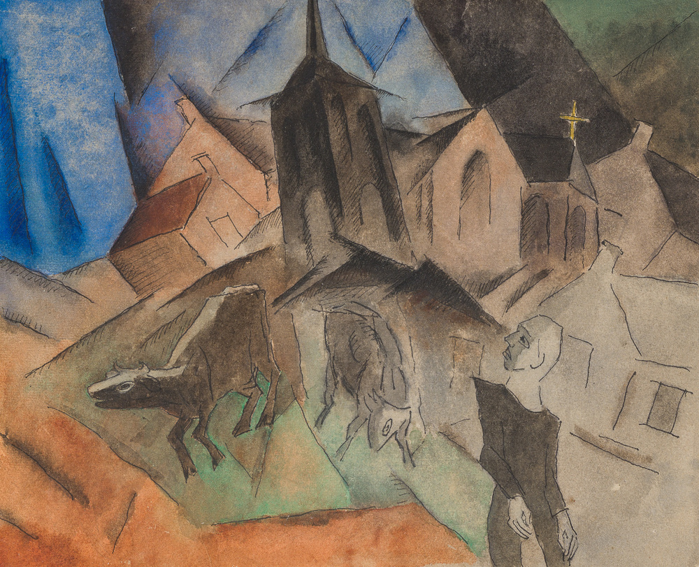 Carl Hentze (1883-1972): Animated view of a village, ink and watercolour on paper