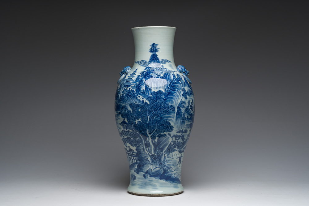 A Chinese blue and white baluster vase with an animated river landscape, 19th C.