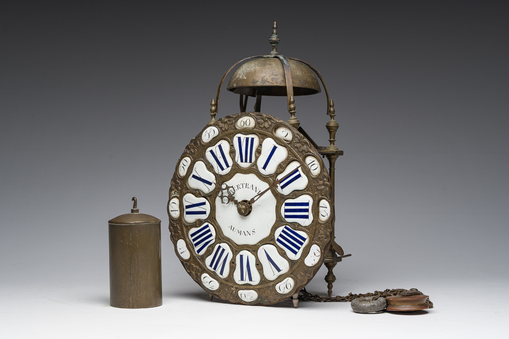 A French lantern clock with an enameled dial, 'Bertrand au Mans', 18th C.