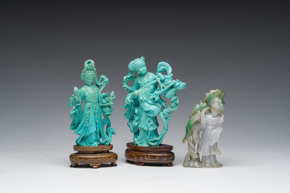 Two Chinese turquoise figures of Lan Caihe and a jade lady figure, 20th C.