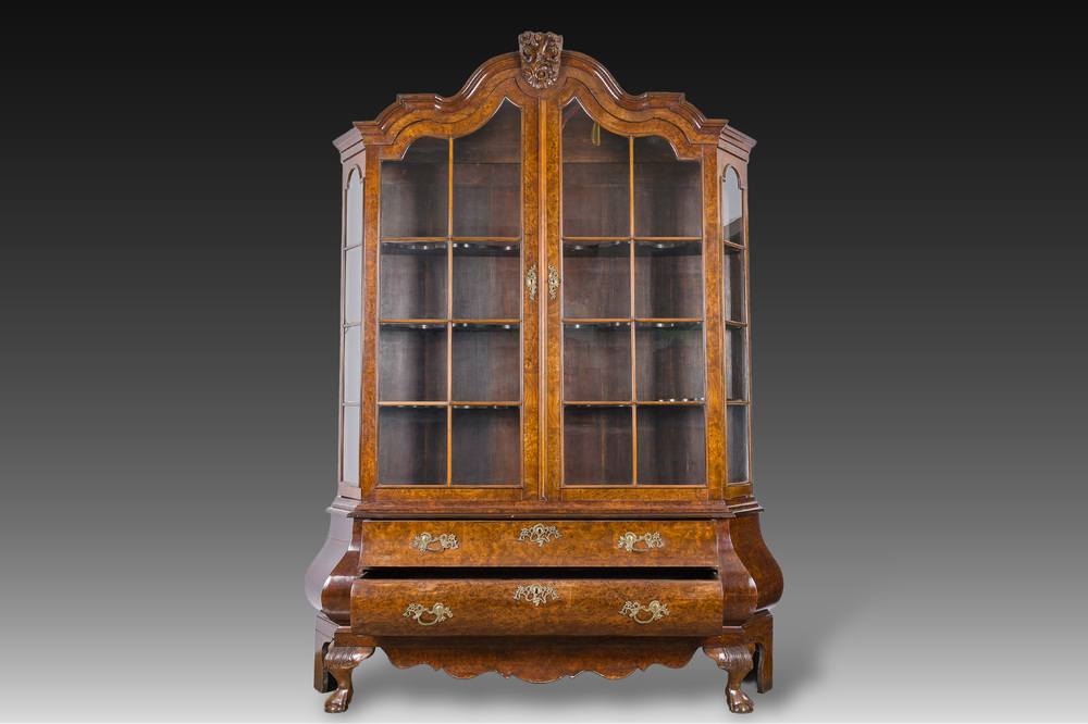 A large Louis XV style burl wood veneered wooden display cabinet with two glass doors and two drawers, ca. 1900