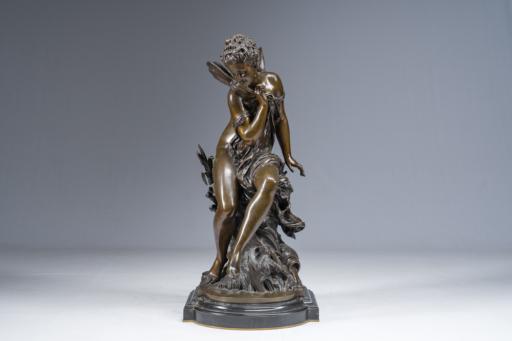 Mathurin Moreau (1822-1912): 'Libellule', brown patinated bronze on a black marble base
