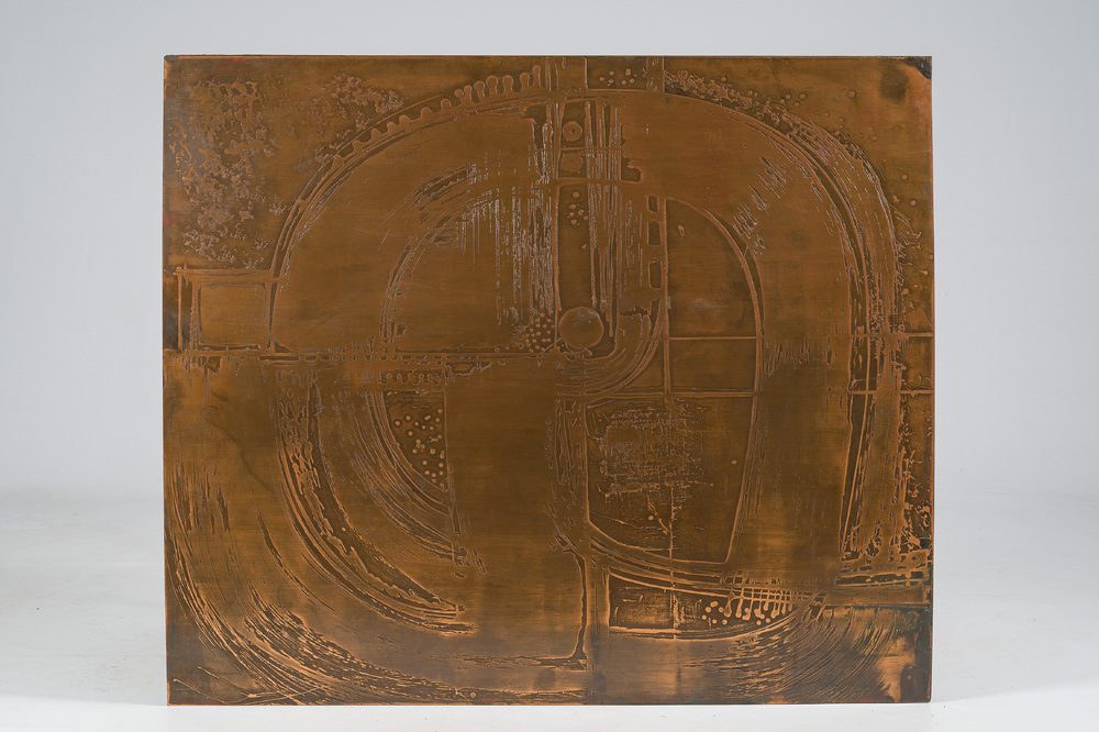 Belgian school: A rectangular etched copper plate with stylized design, possibly from a coffee table, 1970s
