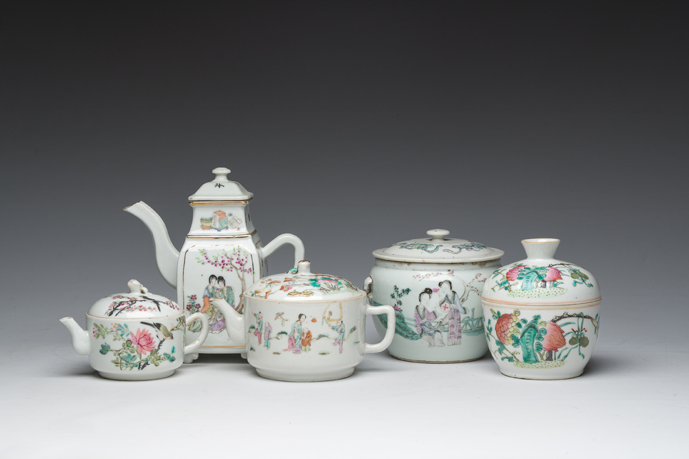Three Chinese famille rose and qianjiang cai teapots and two bowls and covers with animated scenes and floral design, 19th/20th C.