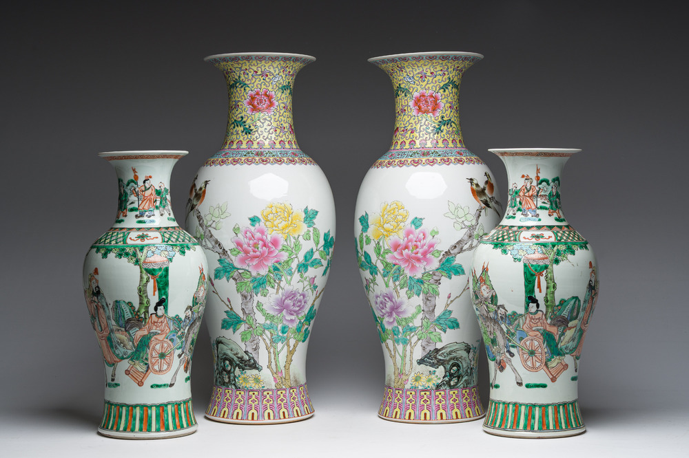 Deux pairs de vases en porcelaine de Chine famille rose et famille verte &agrave; d&eacute;cor d'oiseaux parmi des branches fleuries et de sc&egrave;nes anim&eacute;es, 20&egrave;me s.
