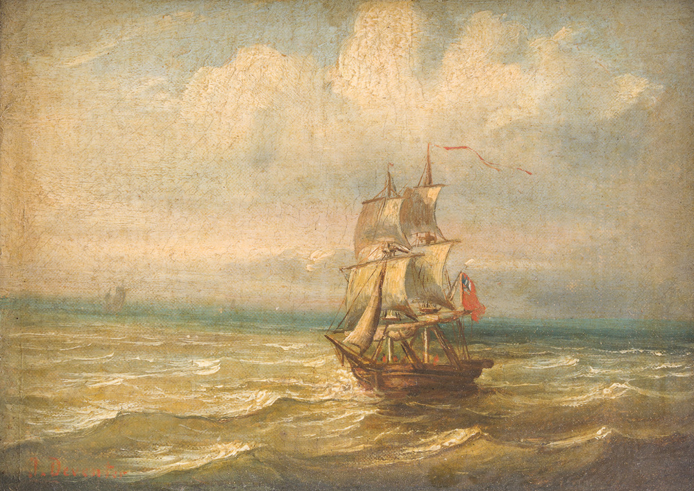 J. Deventer (19&egrave;me si&egrave;cle): Voilier en mer, huile sur toile maroufl&eacute;e sur panneau