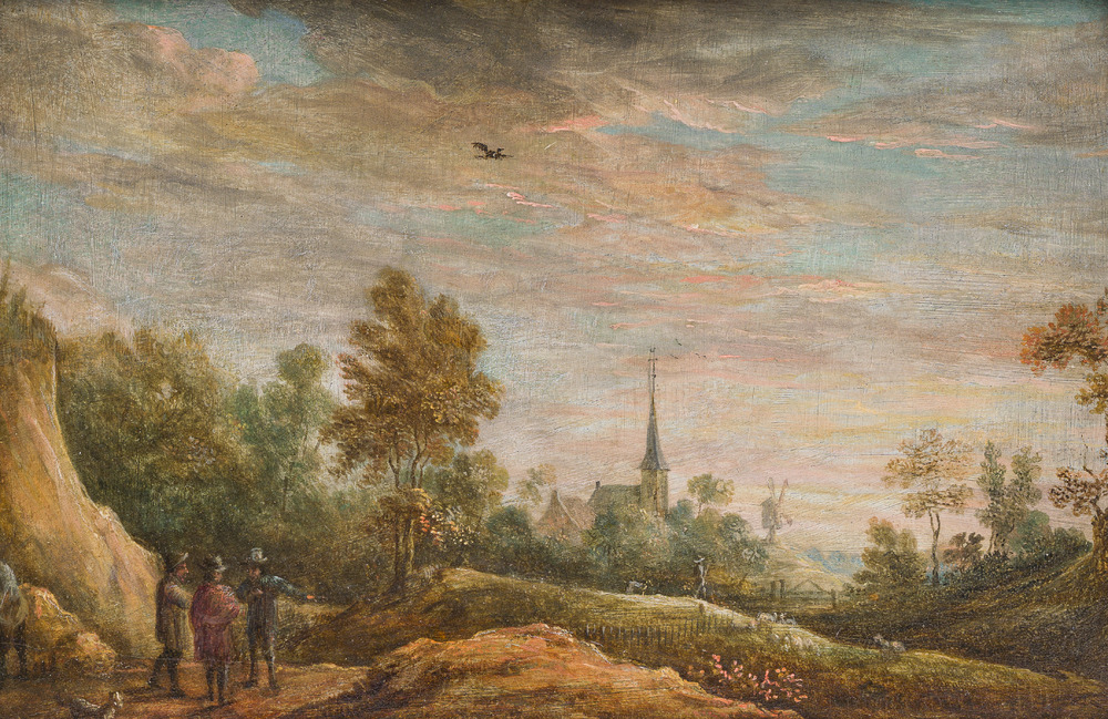 Flemish school, follower of David Teniers II (1610-1690): Animated landscape with a church, oil on panel, 18th/19th C.