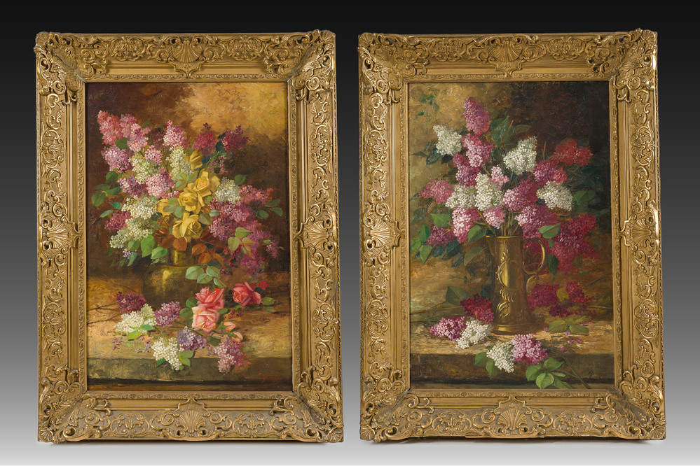 C&eacute;line Genyn (19&egrave;me/20&egrave;me si&egrave;cle): Deux natures mortes de fleurs, huile sur toile