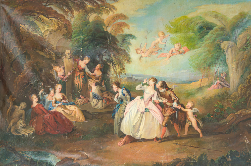 Joseph De Smedt (1894-?), in the manner of Nicolas Lancret (1690-1743): Animated landscape with gallant scenes, oil on canvas