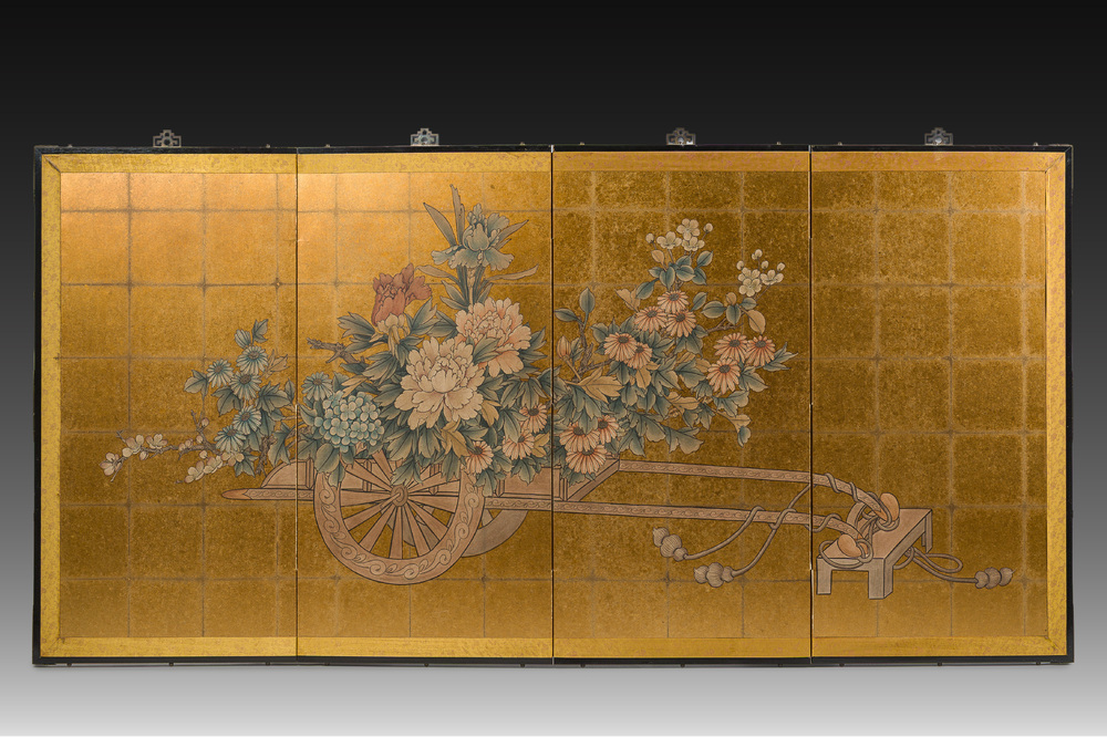 A Japanese four-fold painted byobu 'hanaguruma' room divider, 19th/20th C.