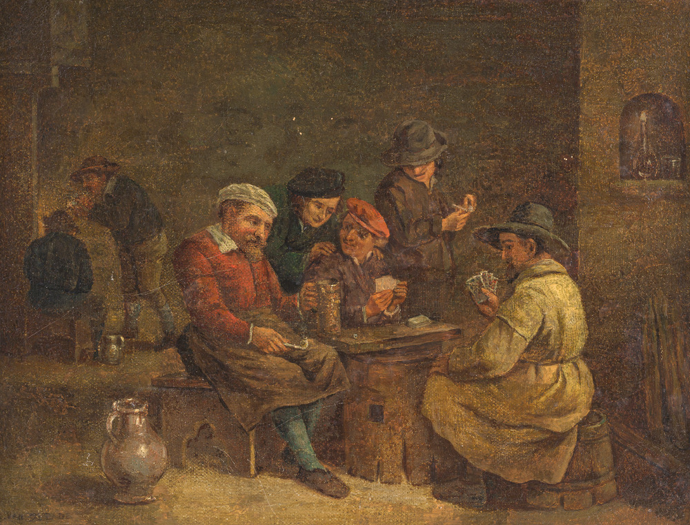 &Eacute;cole flamande, suiveur d'Adriaen Van Ostade (1610-1685): Joueurs de cartes dans une taverne, huile sur toile, 19&egrave;me si&egrave;cle