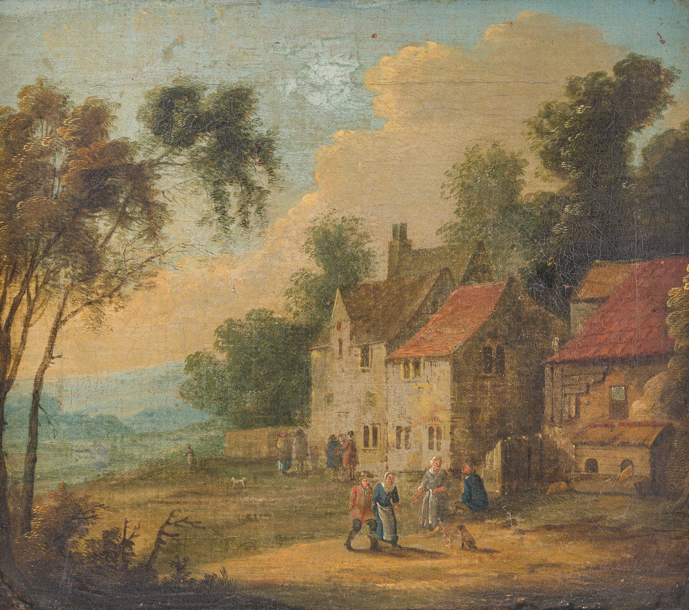 Flemish school: An animated village view, oil on canvas, 18th C.