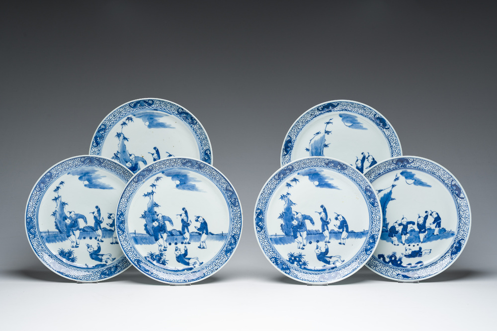 Six Chinese blue and white 'playing boys in a landscape' plates, 19th C.