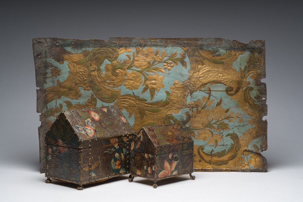 Two leather-covered boxes with floral design and a Cordoba leather panel with gilt design, Mechelen, 17th/18th C. and later