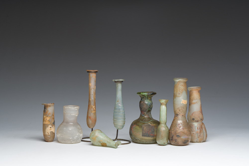 Nine small glass vases and bottles, Roman period and later