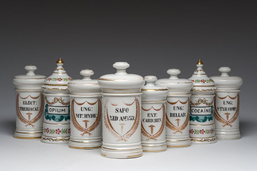 A varied collection of French gilt and polychrome decorated pharmacy jars, 19th C.