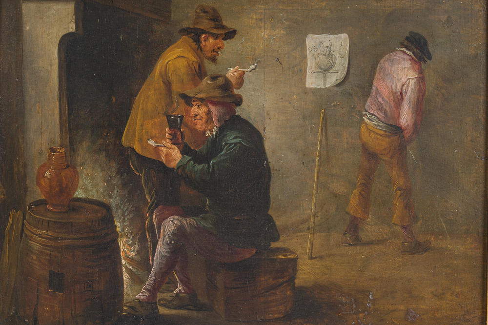 School of Teniers (David Teniers II, 1610-1690): Animated inn scene, oil on panel, 17th C.