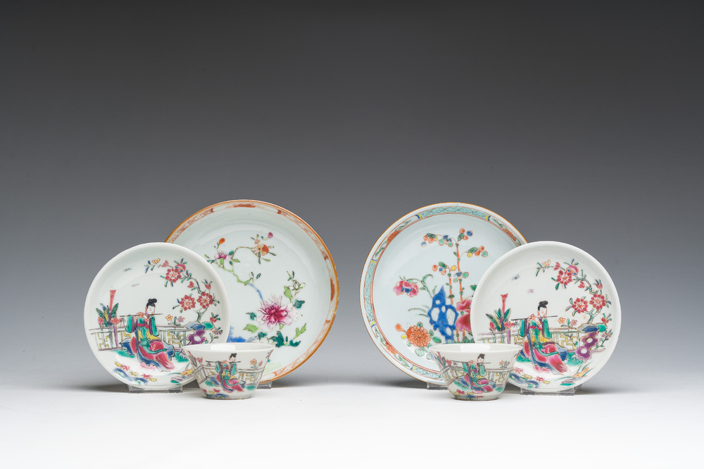 Two Chinese famille rose saucers and two pairs of French Samson famille rose style 'musician' cups and saucers, 18th/19th C.