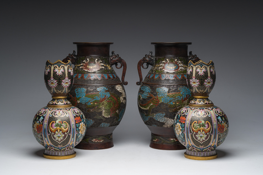 A pair of Chinese cloisonn&eacute; tulip-shaped vases and a pair of Japanese champlev&eacute; 'dragon' vases, 19th/20th C.