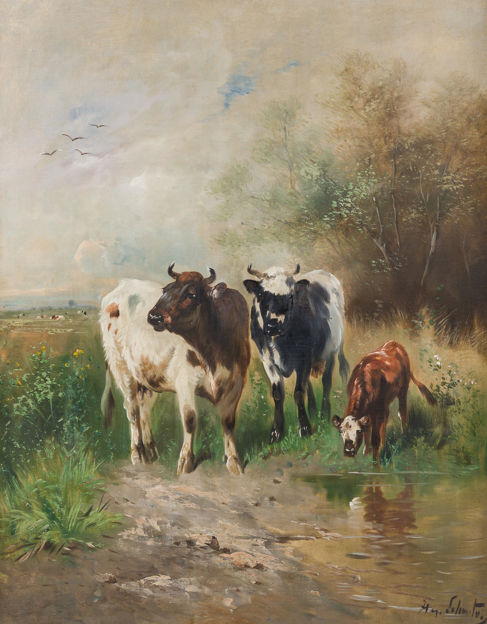 Henry Schouten (1860-1927): Cows in a landscape at the edge of a watering hole, oil on canvas