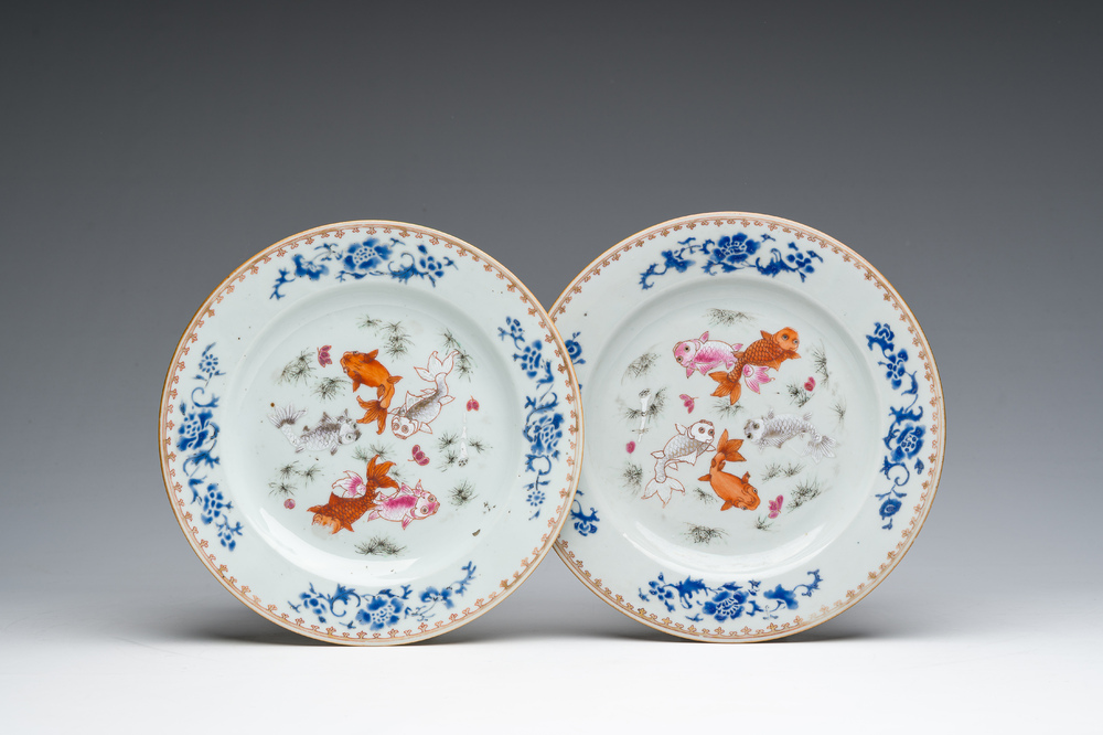 A pair of Chinese famille rose 'fish' plates, Qianlong