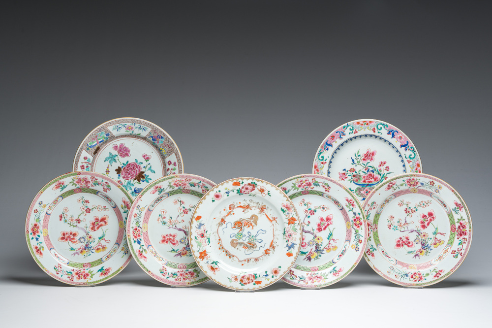 Seven Chinese famille rose plates with floral design and mythical animals, Yongzheng/Qianlong