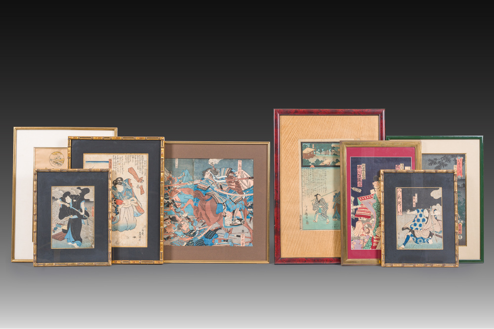 A varied collection of eight Japanese Ukiyo-e woodblock prints, Meiji, 19th/20th C.