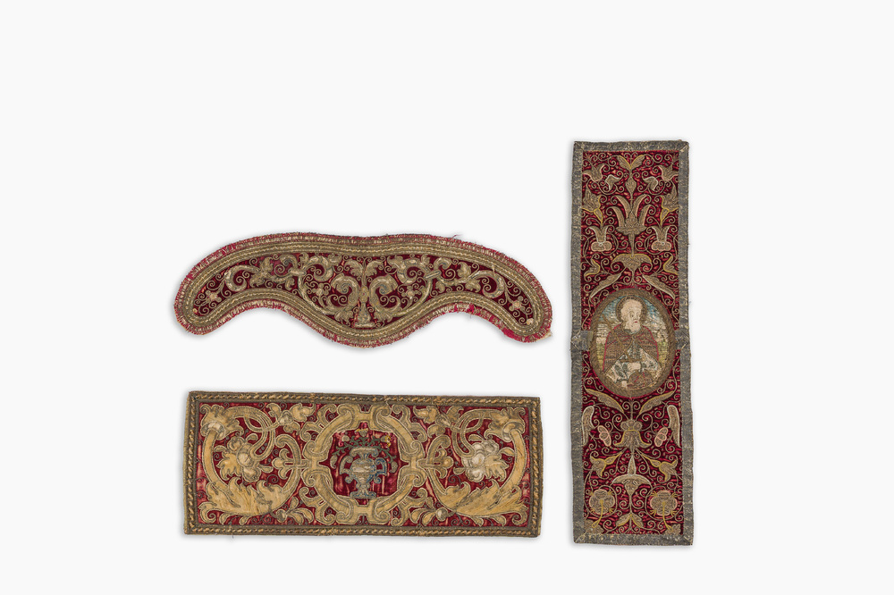 Three Flemish embroideries with floral design and John the Baptist, finished with gold and silver thread, 16th/17th C.