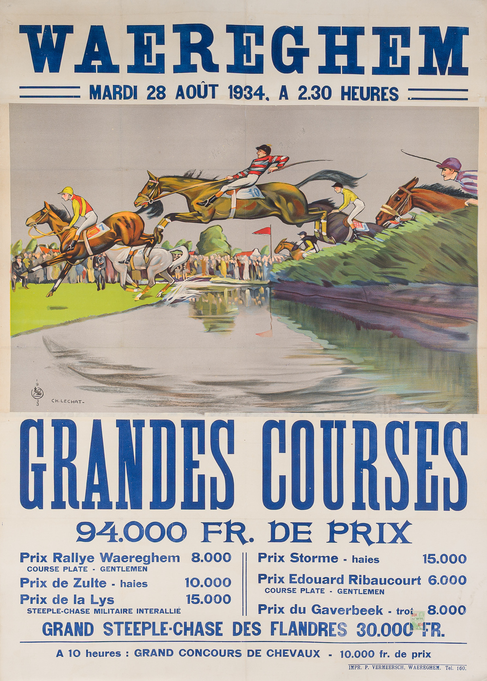 Charles Lechat (1896-1974): Poster 'Waereghem Grandes Courses', press 'P. Vermeersch - Waereghem', dated 1934