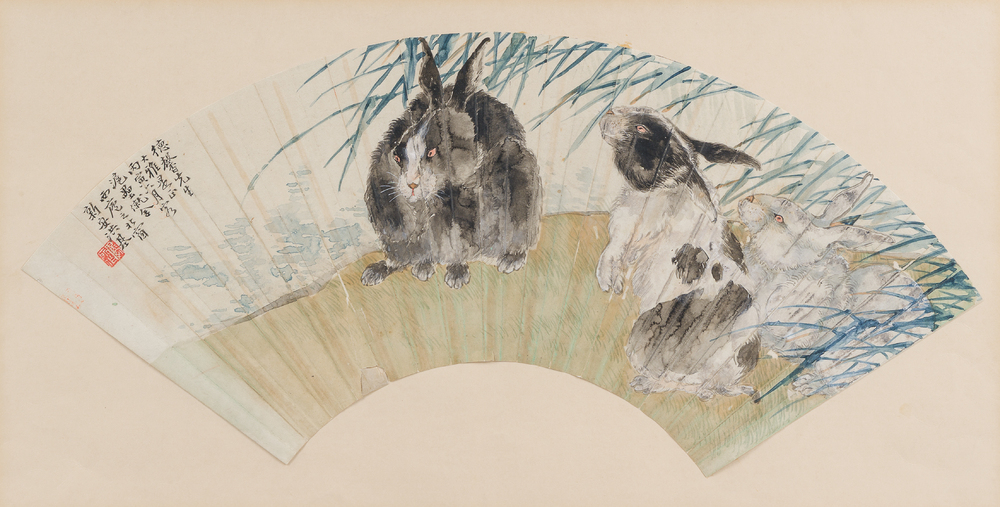 Chinese school: A 'rabbits in a landscape' fan, ink and colours on paper, 19th/20th C.