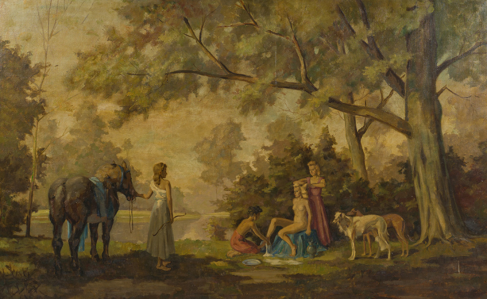 Frans Siaens (1907&ndash;1973): Animated landscape with a bathing Venus and her companions, oil on canvas