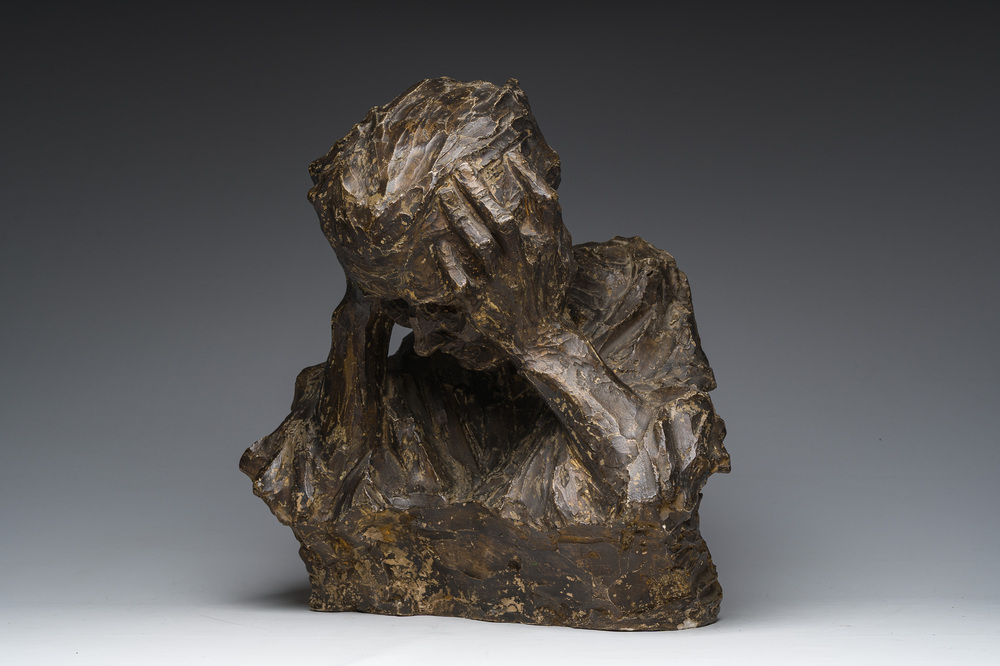 Belgian school, illegibly signed: Pleurante, patinated plaster, first half 20th C.