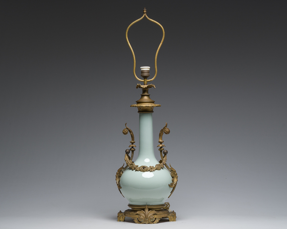 A Chinese style gilt bronze mounted celadon-glazed vase mounted into a lamp, 19th/20th C.