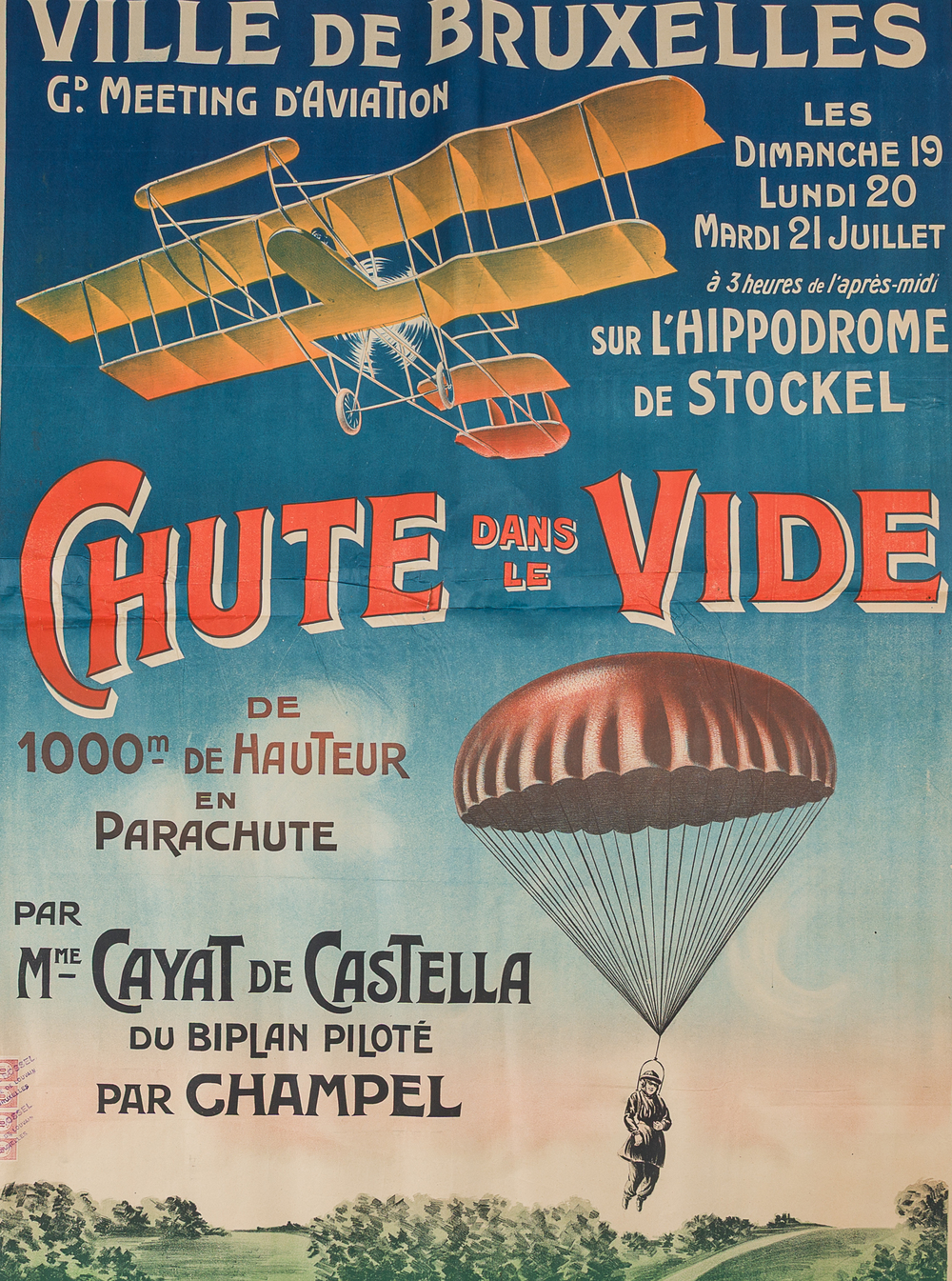 An exceptional poster promoting the (fatal) parachute jump of Lucienne 'Cayat de Castella' Blaise, Courbet &amp; Cie, (1914)