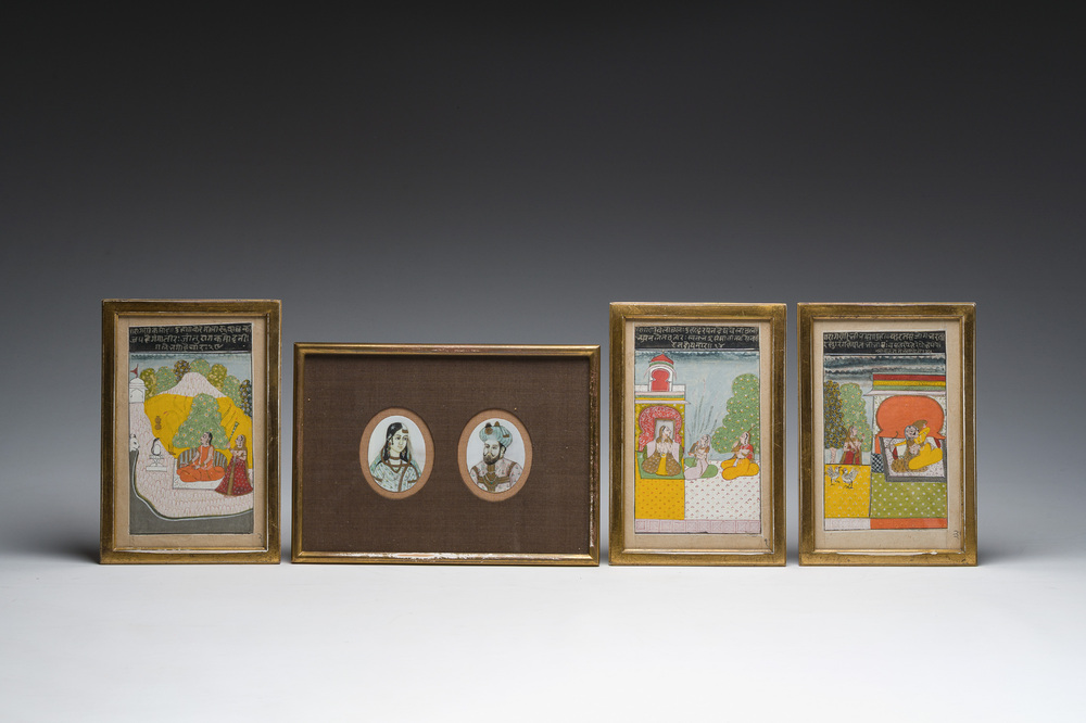 Indian school: Three miniatures with an animated scene and a pair of portraits of an imperial couple, 19th/20th C.