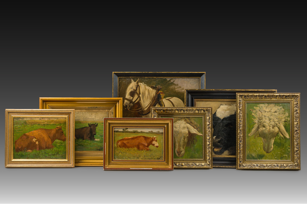 Albert Caullet (1875-1950): Seven various works with sheep heads, cows in the meadow and a horse, oil on painter's board